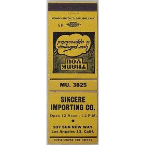 Front Strike Matchbook Cover Sincere Importing Co Los Angeles CA California